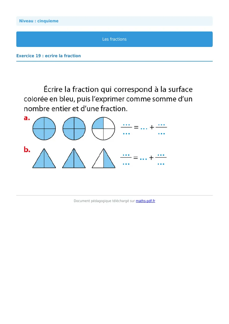 Fractions : exercice n°19 de maths en 5ème corrigé en PDF