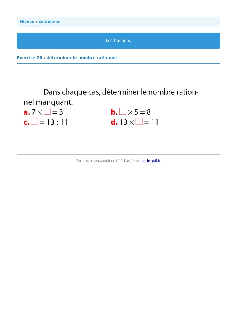 Fractions : exercice n°20 de maths en 5ème corrigé en PDF