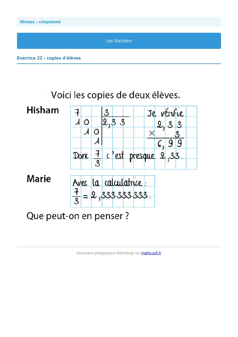 Fractions : exercice n°22 de maths en 5ème corrigé en PDF