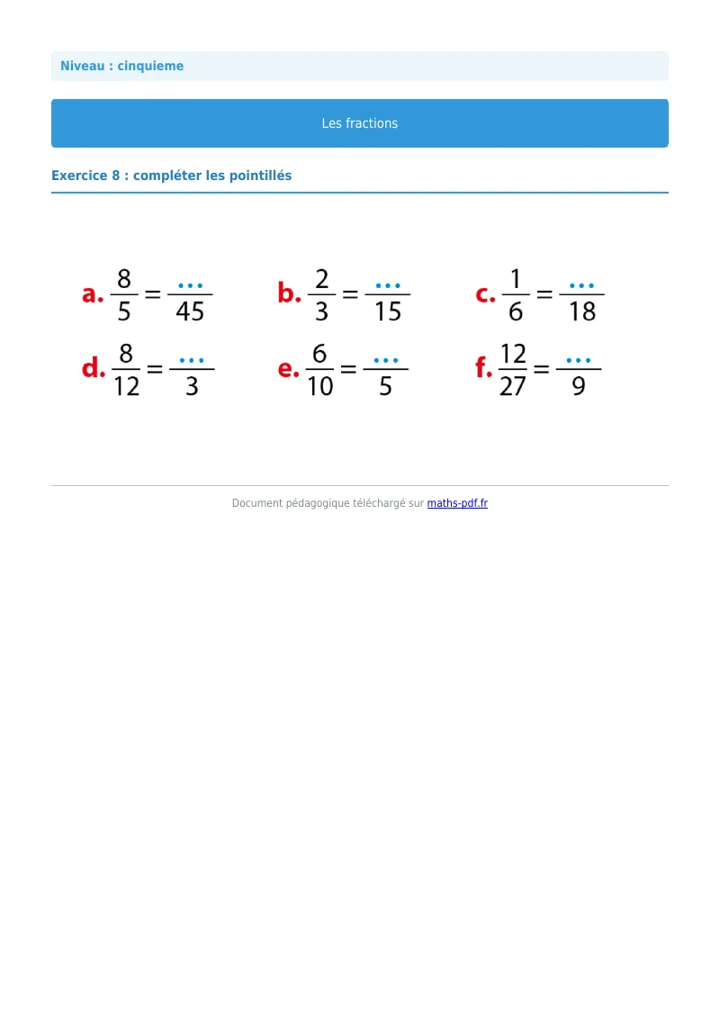 Fractions : exercice n°23 de maths en 5ème corrigé en PDF
