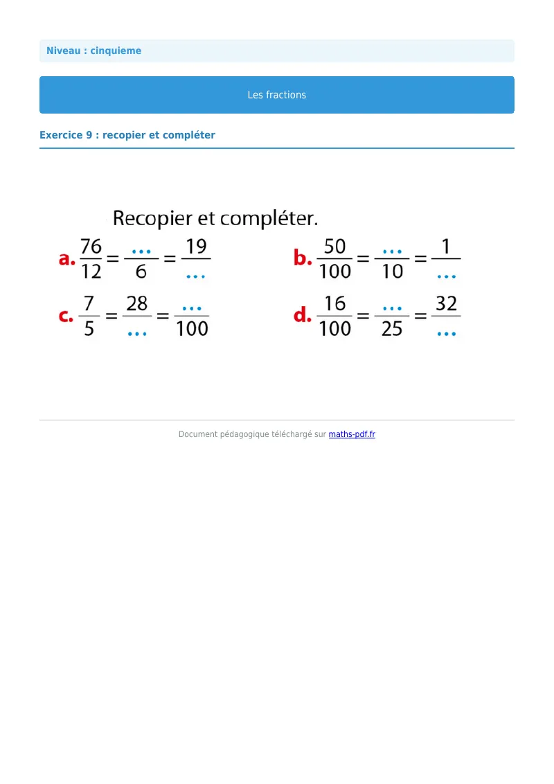 Fractions : exercice n°24 de maths en 5ème corrigé en PDF