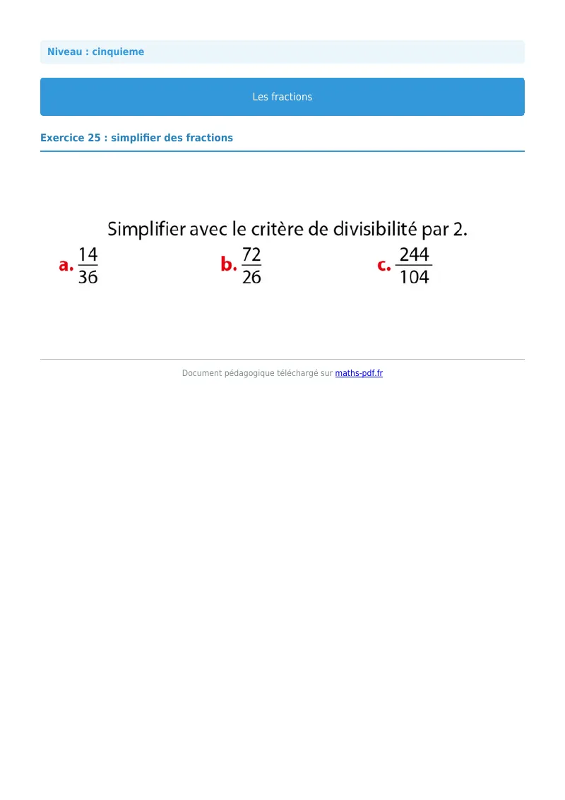 Fractions : exercice n°25 de maths en 5ème corrigé en PDF