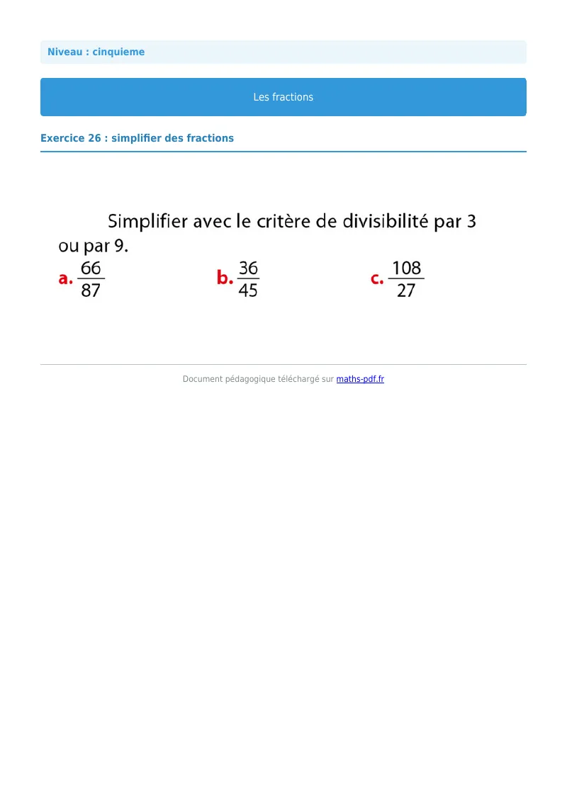 Fractions : exercice n°26 de maths en 5ème corrigé en PDF