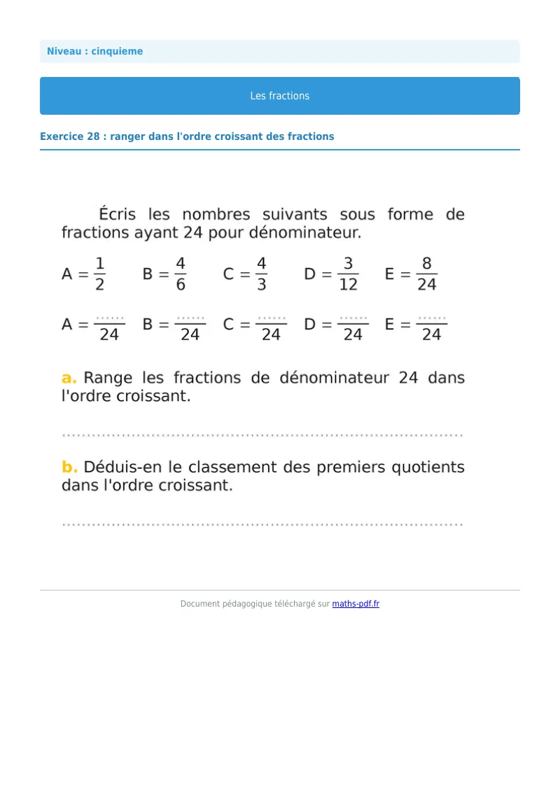 Fractions : exercice n°28 de maths en 5ème corrigé en PDF