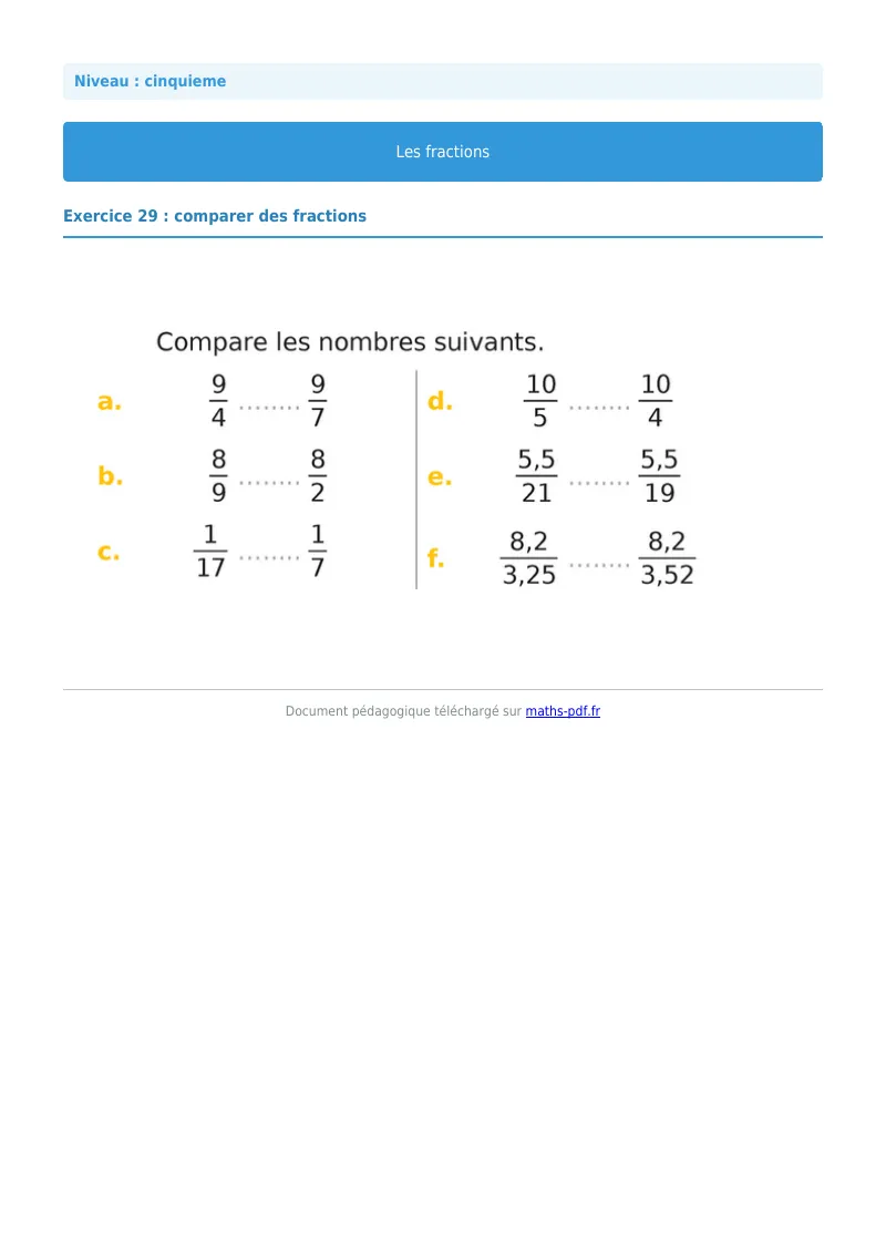 Fractions : exercice n°29 de maths en 5ème corrigé en PDF