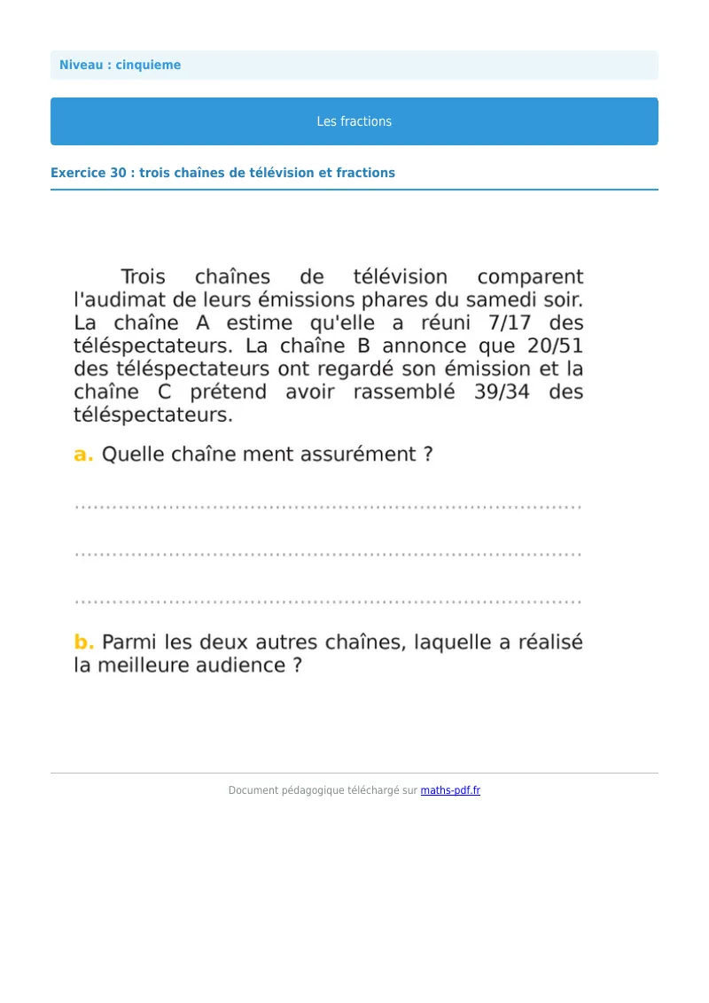 Fractions : exercice n°30 de maths en 5ème corrigé en PDF