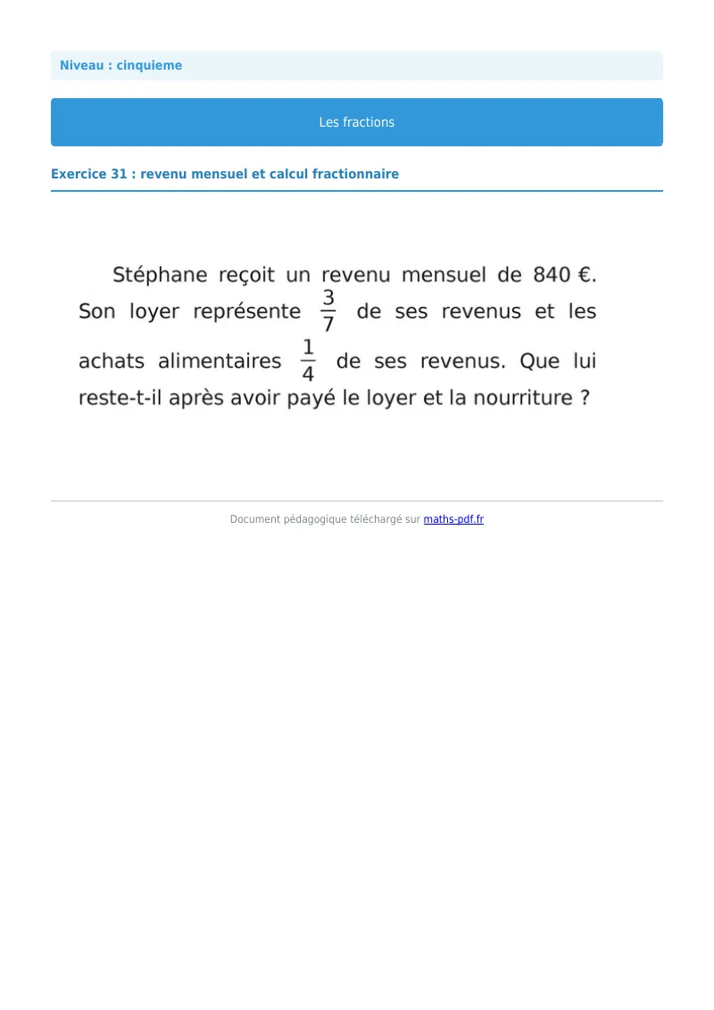 Fractions : exercice n°31 de maths en 5ème corrigé en PDF