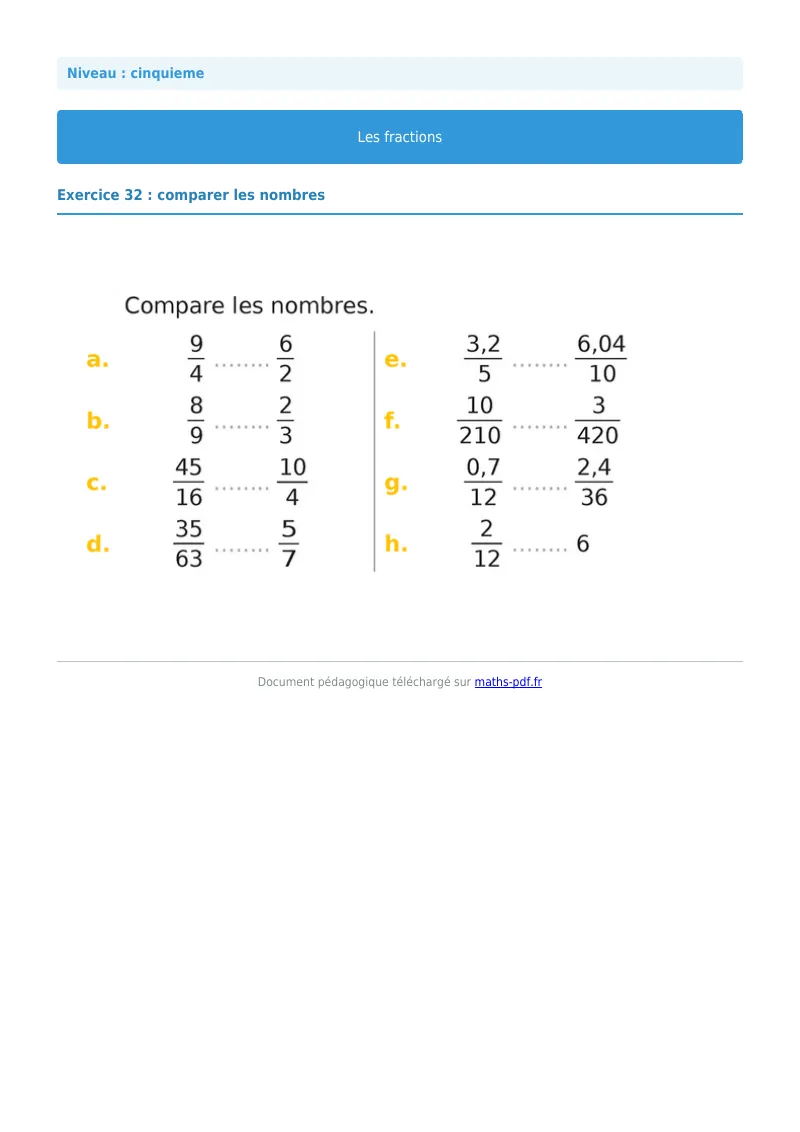 Fractions : exercice n°32 de maths en 5ème corrigé en PDF