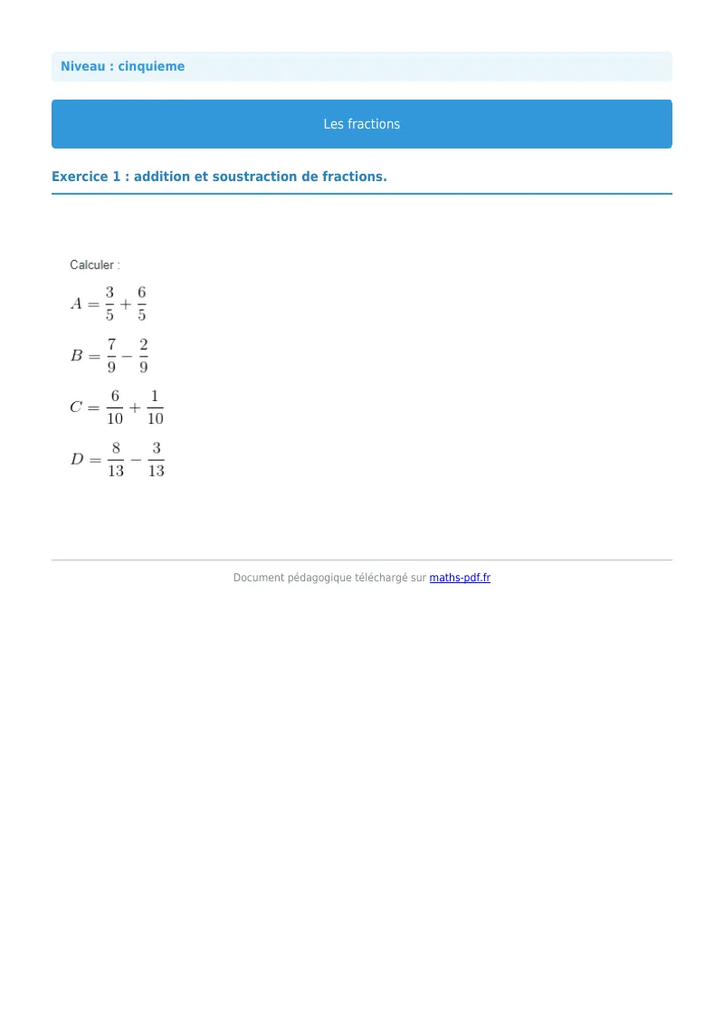 Fractions : exercice n°1 de maths en 5ème corrigé en PDF
