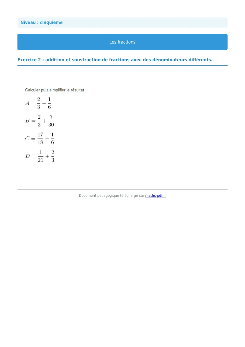Fractions : exercice n°2 de maths en 5ème corrigé en PDF