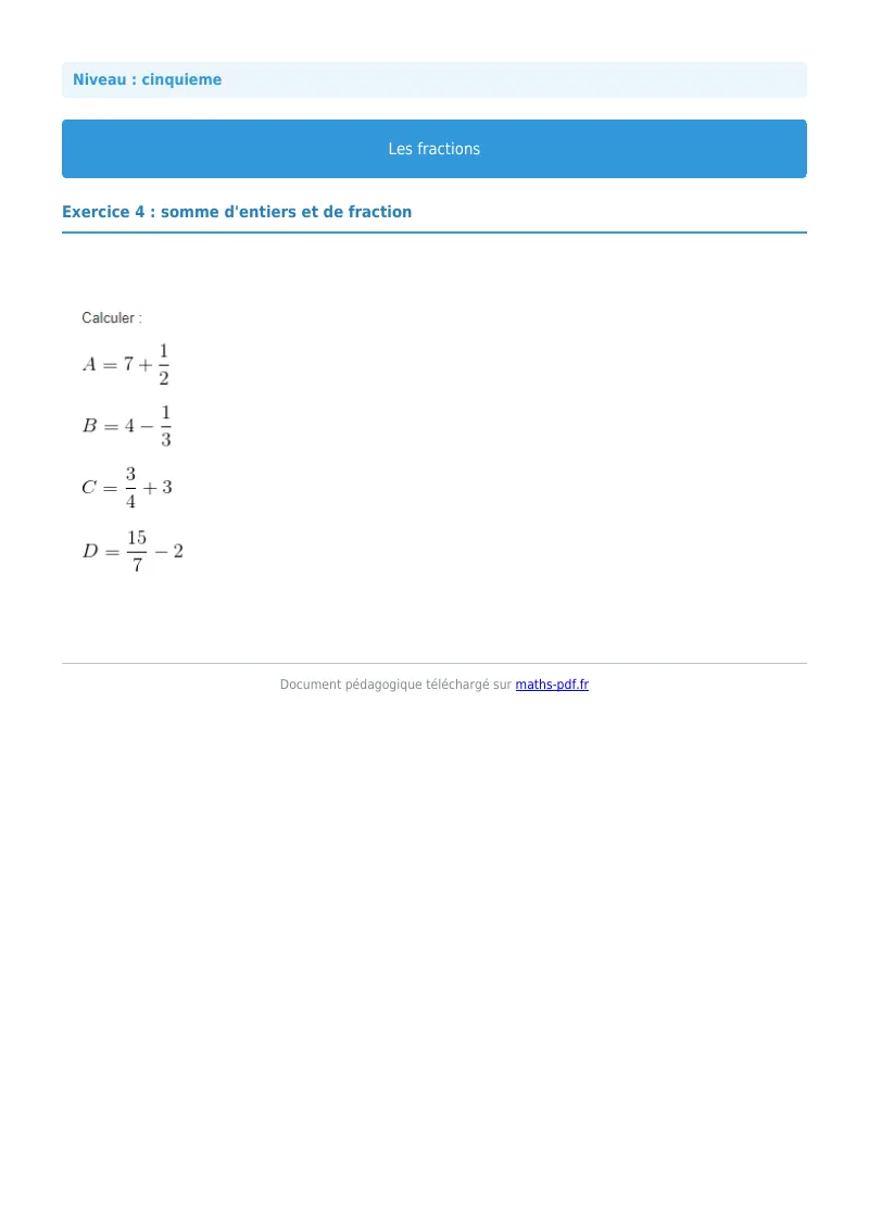 Fractions : exercice n°4 de maths en 5ème corrigé en PDF