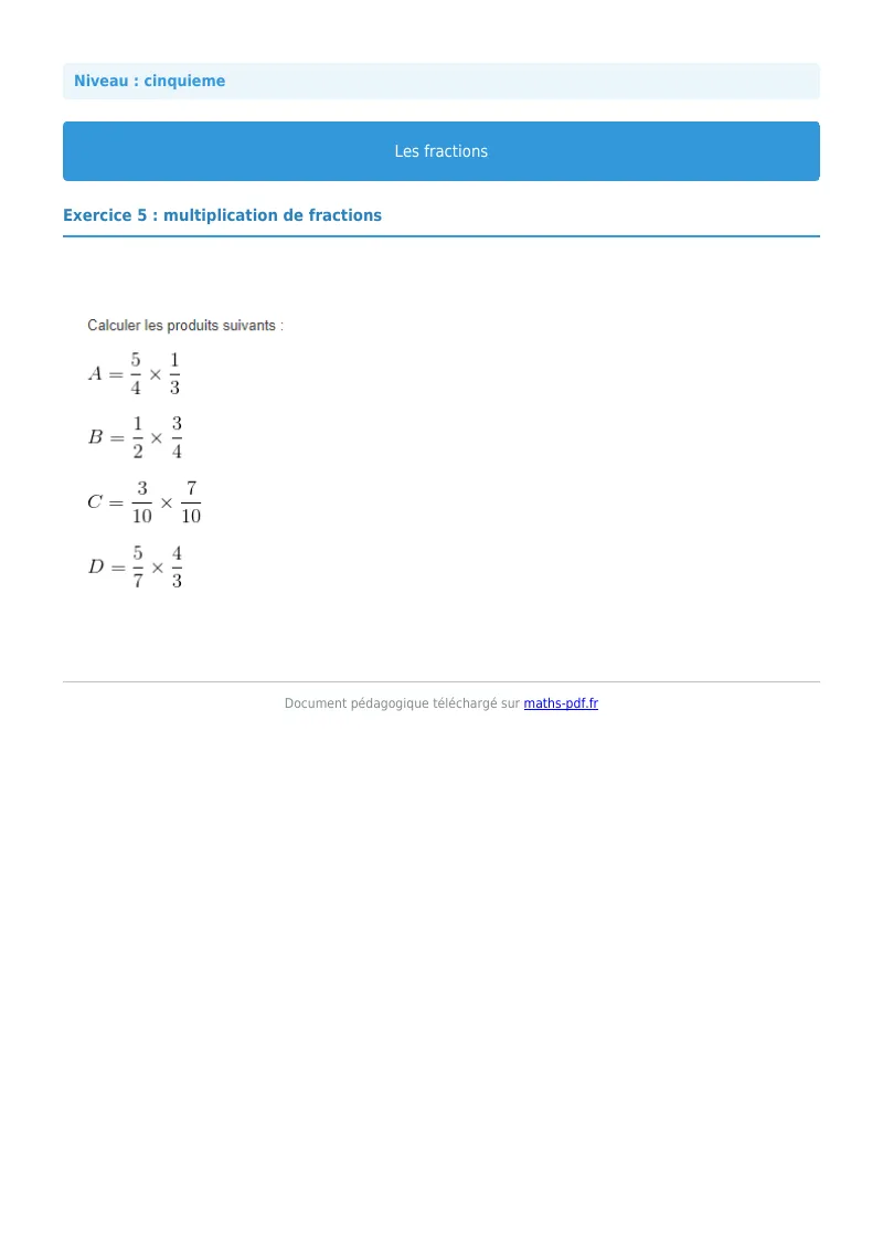 Fractions : exercice n°5 de maths en 5ème corrigé en PDF