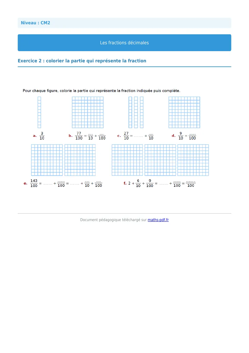 Fractions décimales : exercice n°2 de maths en CM2 corrigé en PDF