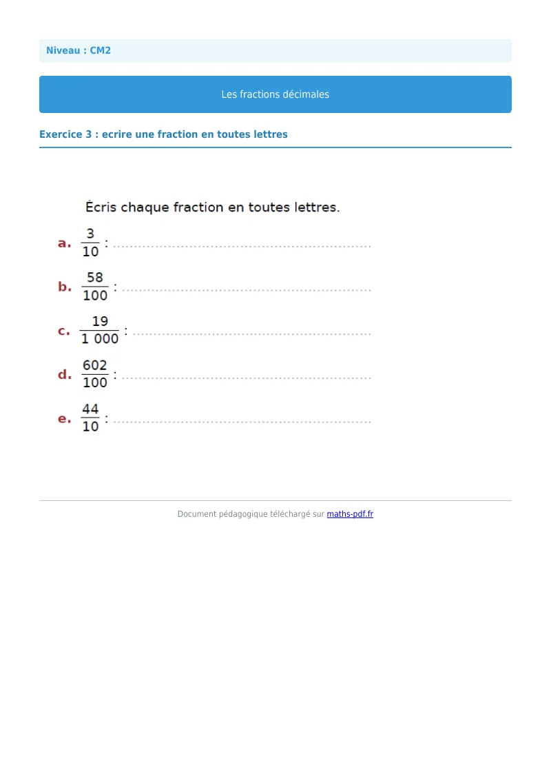 Fractions décimales : exercice n°3 de maths en CM2 corrigé en PDF