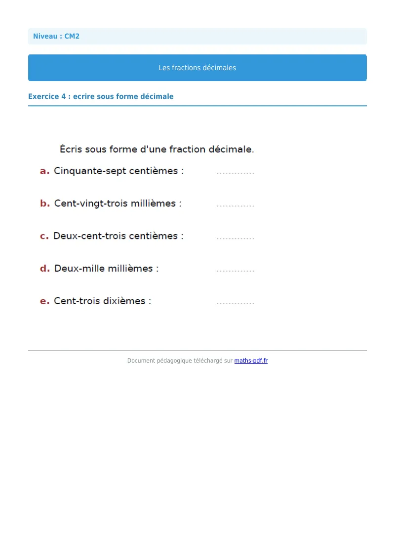 Fractions décimales : exercice n°4 de maths en CM2 corrigé en PDF