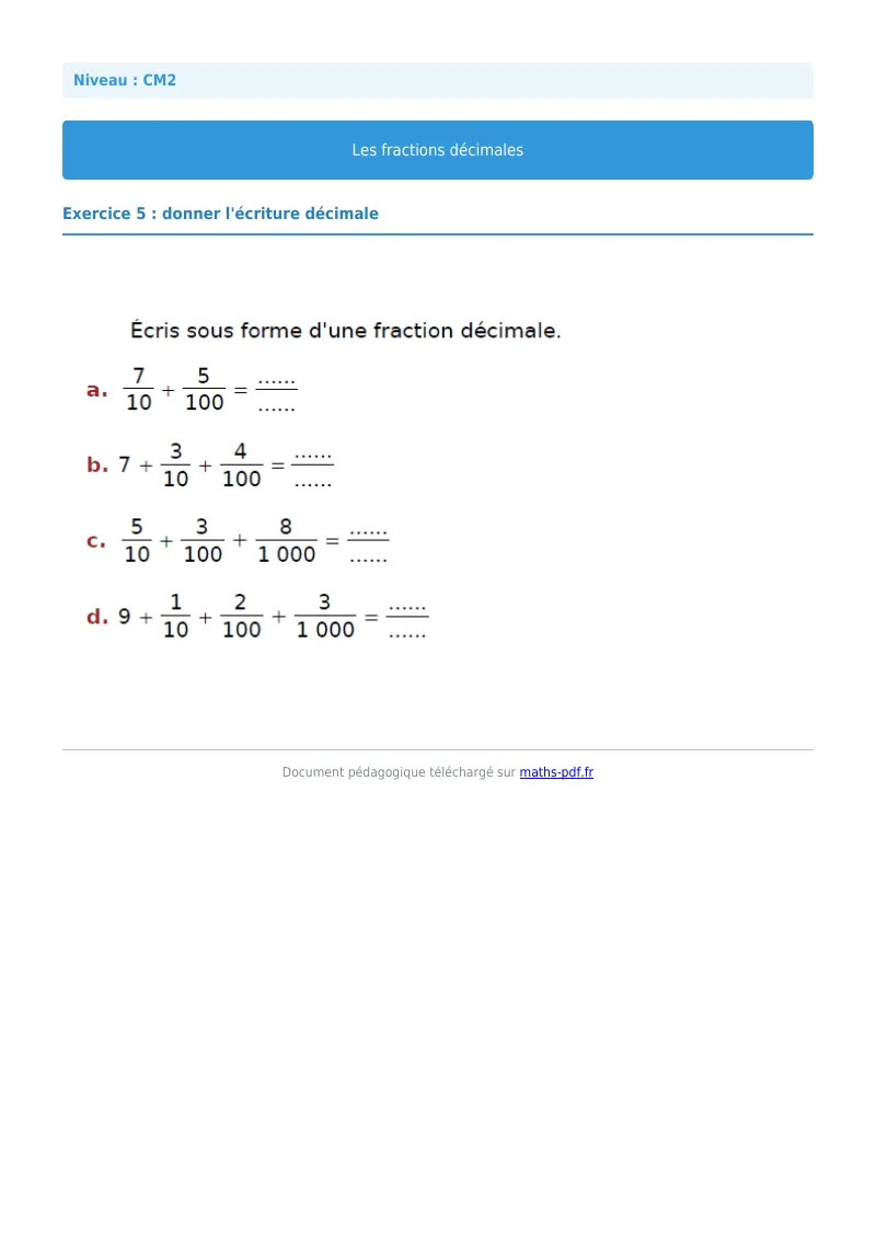 Fractions décimales : exercice n°5 de maths en CM2 corrigé en PDF