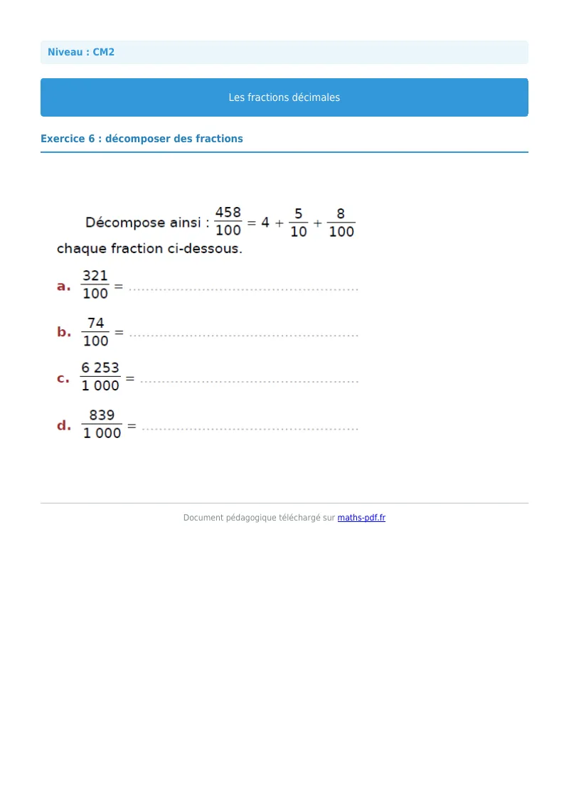 Fractions décimales : exercice n°6 de maths en CM2 corrigé en PDF