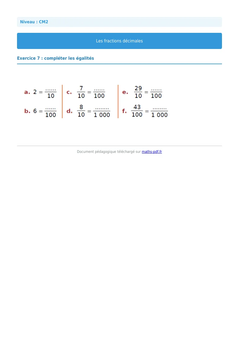 Fractions décimales : exercice n°7 de maths en CM2 corrigé en PDF