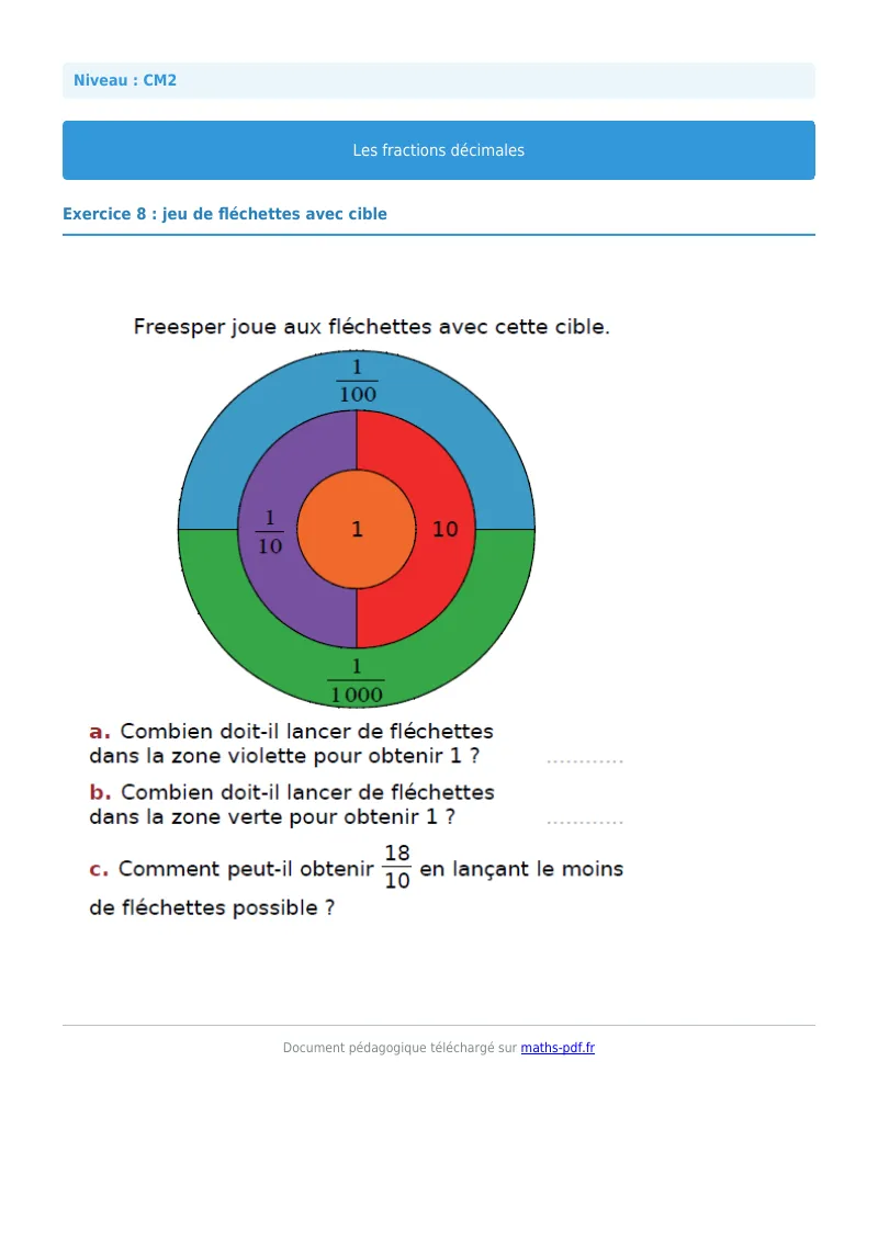 Fractions décimales : exercice n°8 de maths en CM2 corrigé en PDF