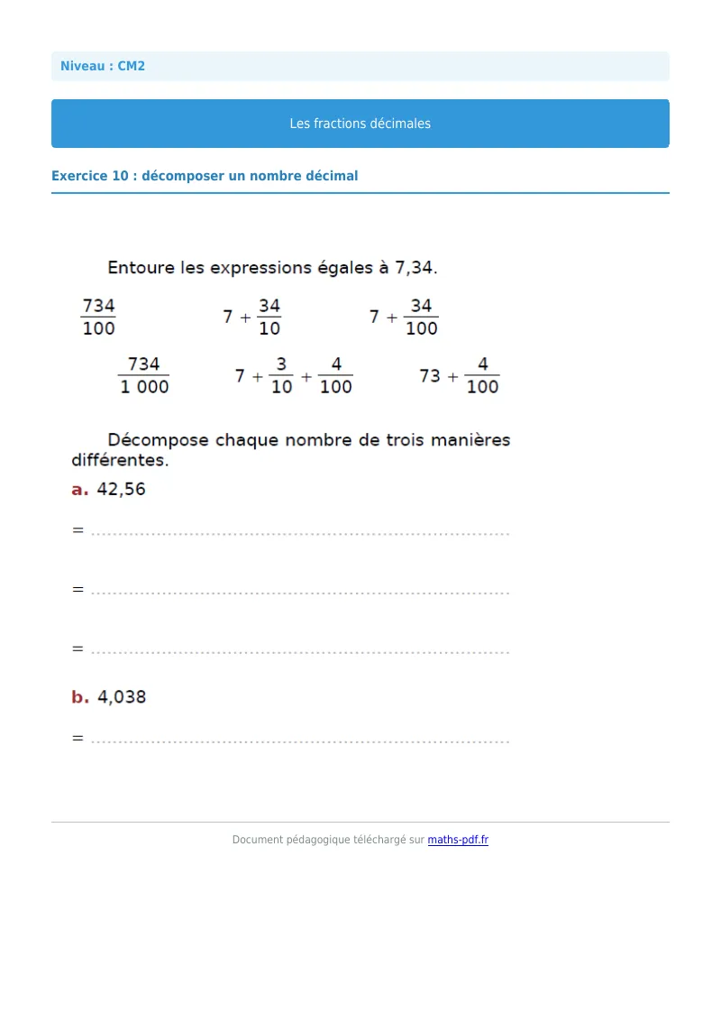 Fractions décimales : exercice n°10 de maths en CM2 corrigé en PDF