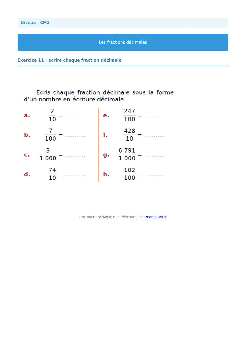 Fractions décimales : exercice n°11 de maths en CM2 corrigé en PDF