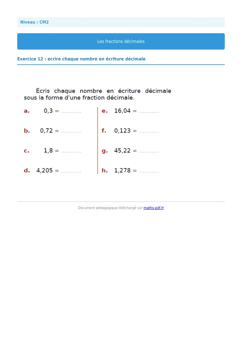 Fractions décimales : exercice n°12 de maths en CM2 corrigé en PDF