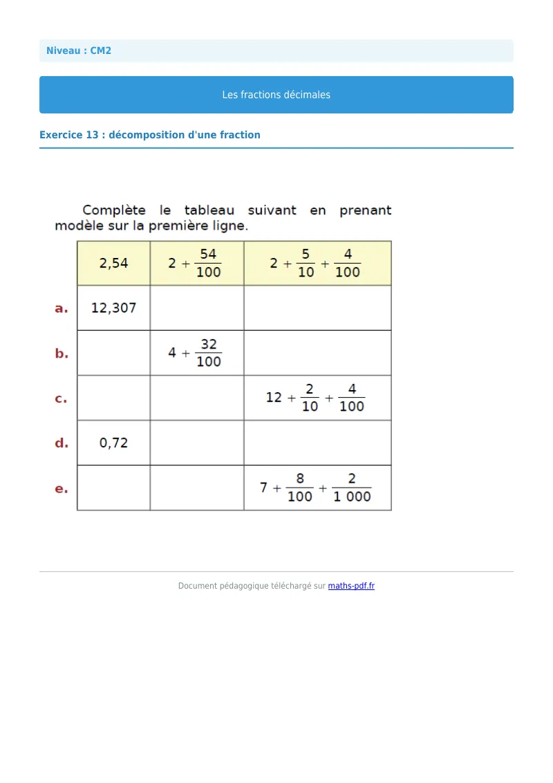 Fractions décimales : exercice n°13 de maths en CM2 corrigé en PDF