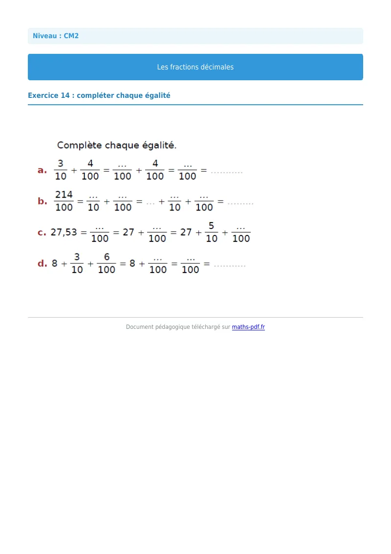 Fractions décimales : exercice n°14 de maths en CM2 corrigé en PDF