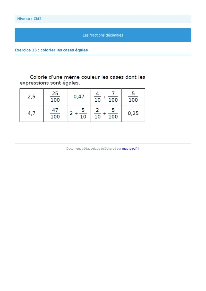 Fractions décimales : exercice n°15 de maths en CM2 corrigé en PDF