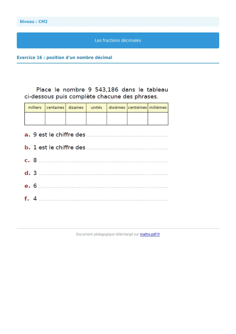 Fractions décimales : exercice n°16 de maths en CM2 corrigé en PDF