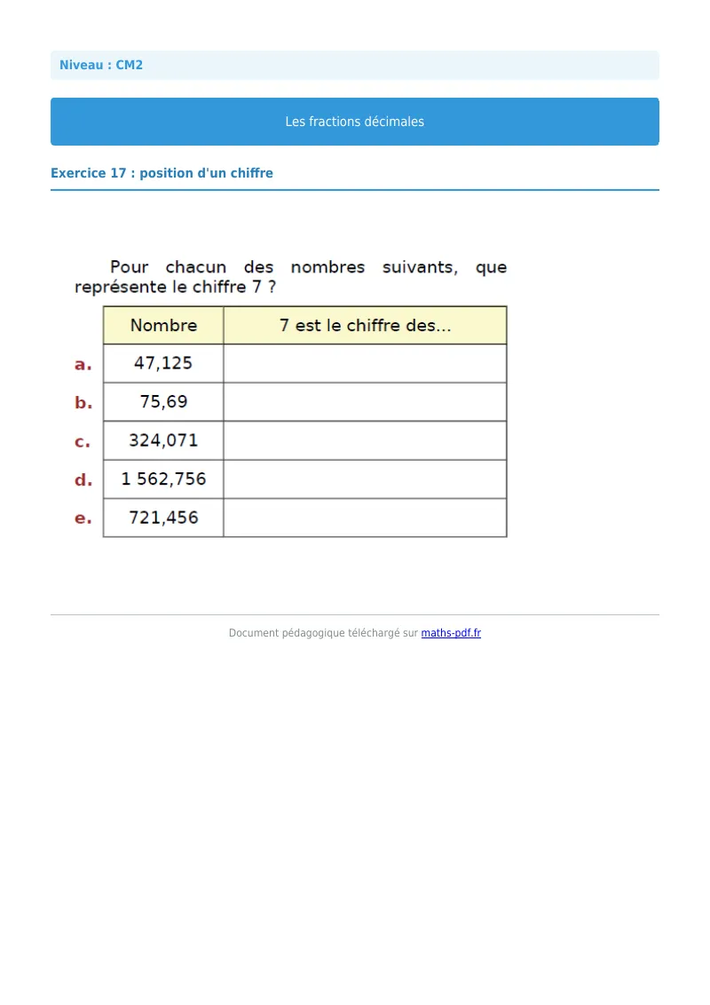 Fractions décimales : exercice n°17 de maths en CM2 corrigé en PDF