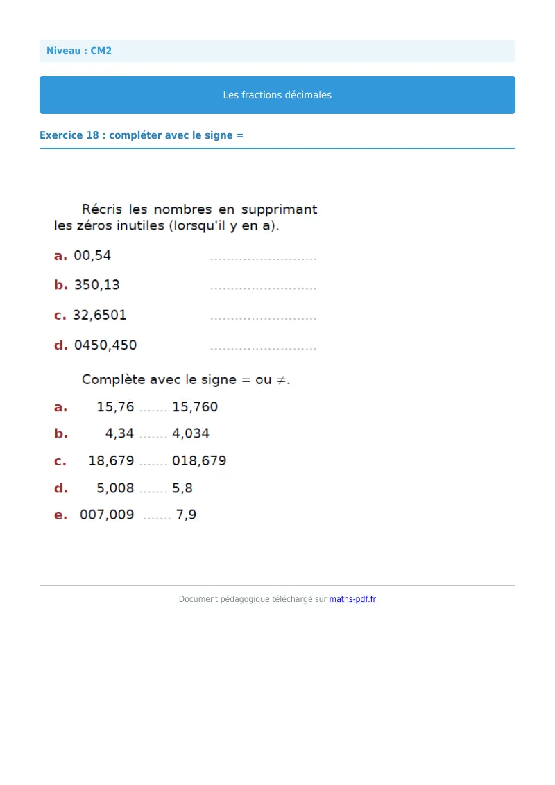 Fractions décimales : exercice n°18 de maths en CM2 corrigé en PDF