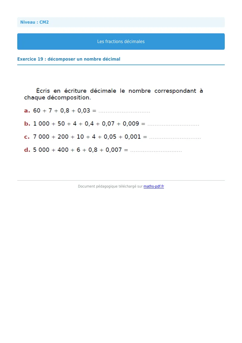 Fractions décimales : exercice n°19 de maths en CM2 corrigé en PDF