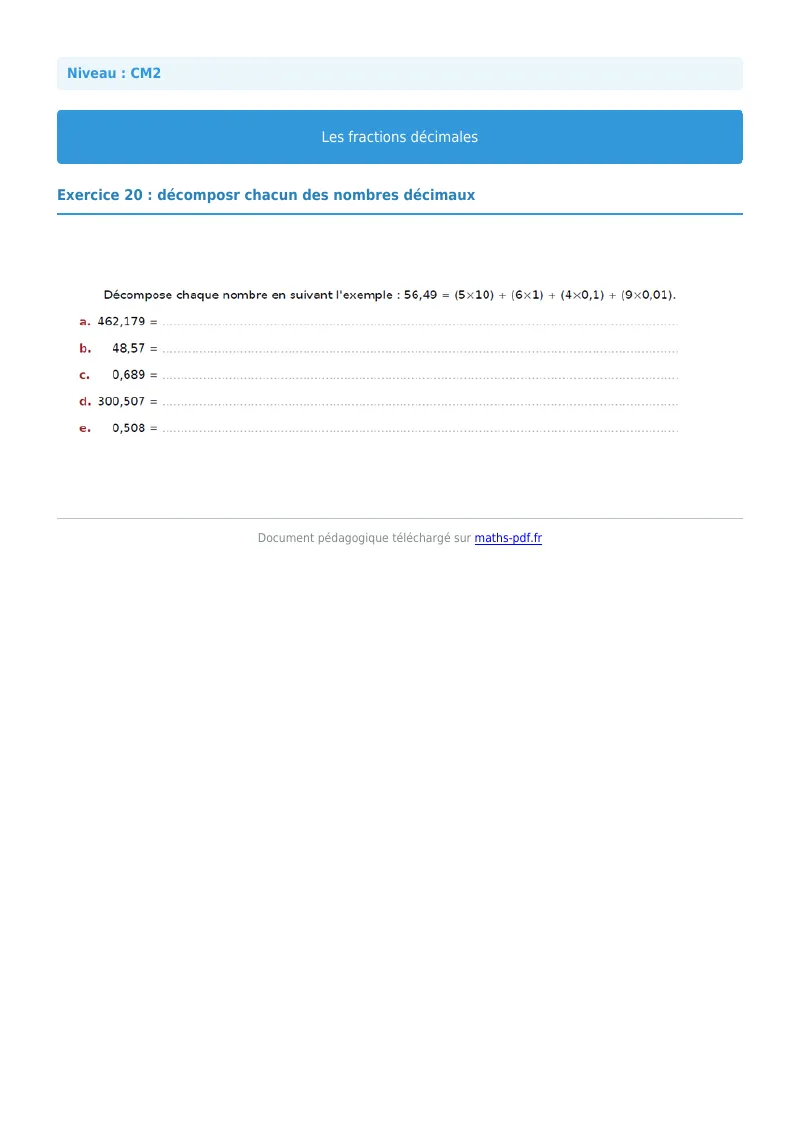 Fractions décimales : exercice n°20 de maths en CM2 corrigé en PDF
