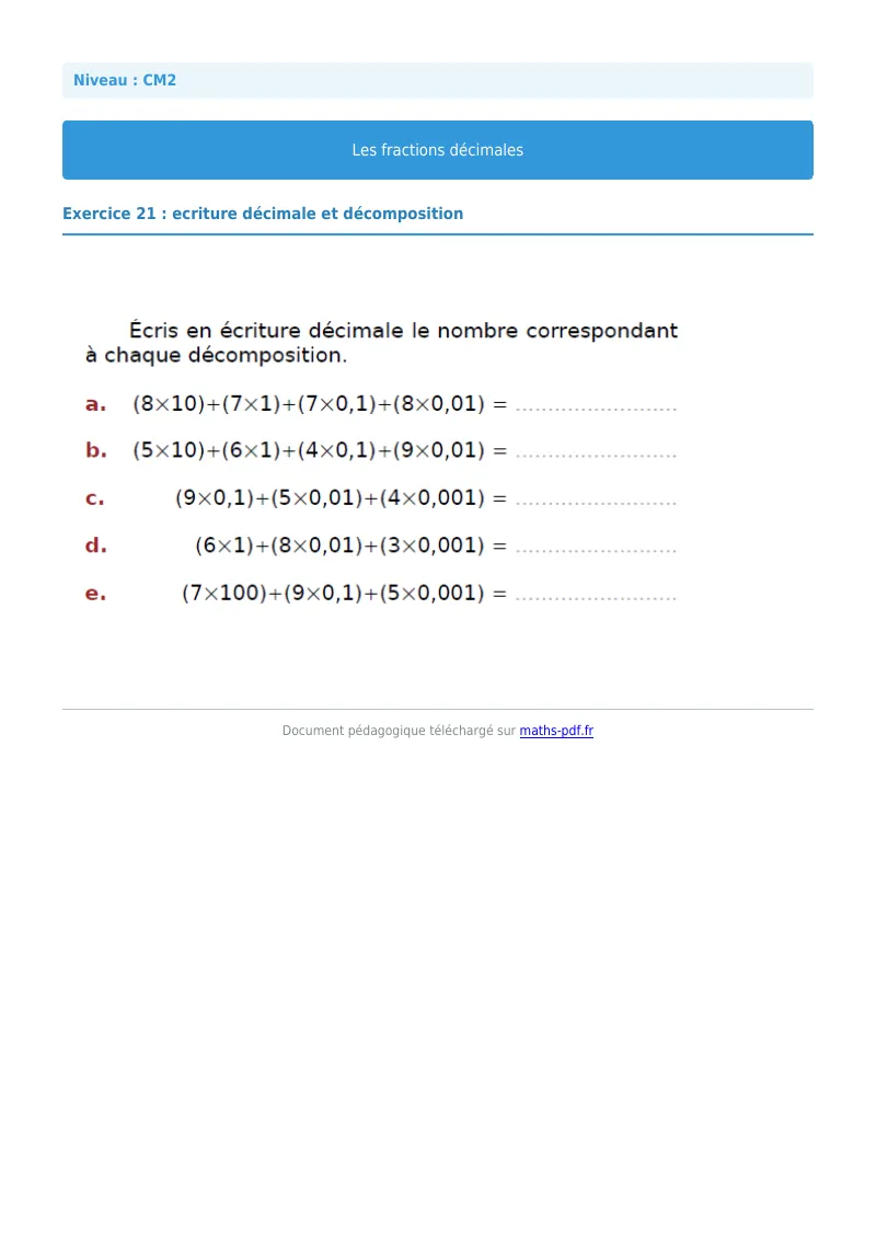 Fractions décimales : exercice n°21 de maths en CM2 corrigé en PDF