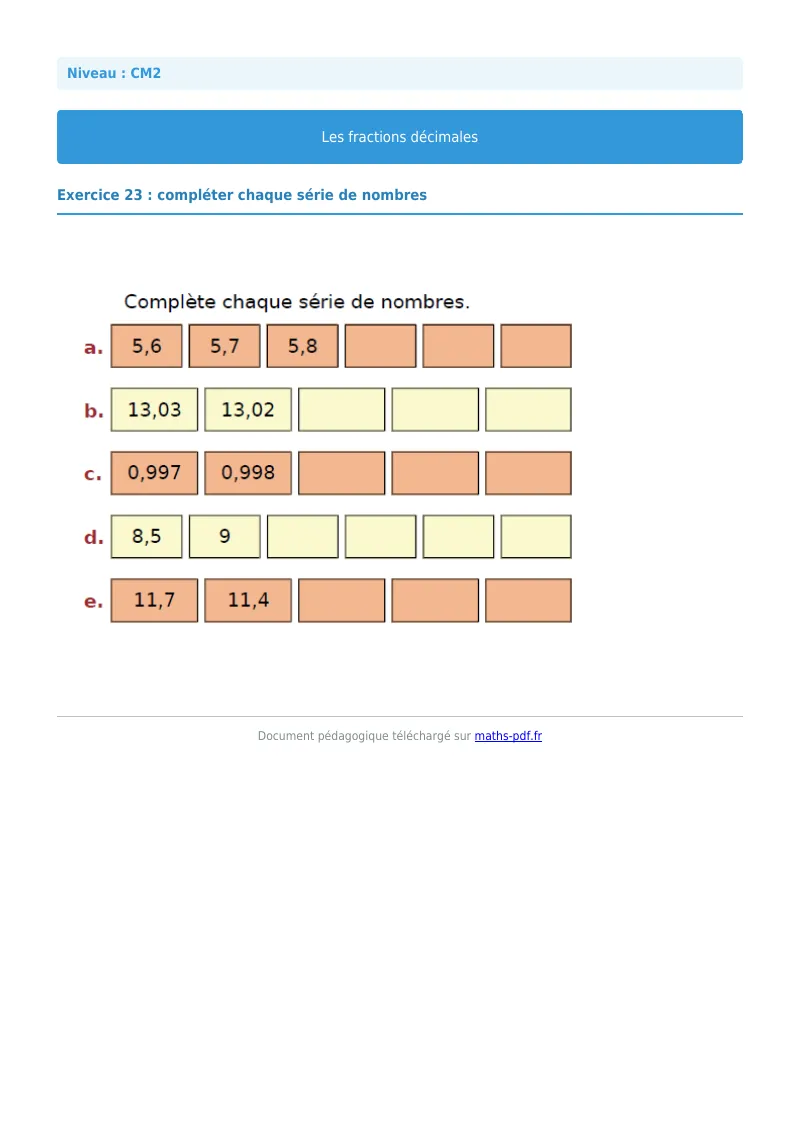 Fractions décimales : exercice n°23 de maths en CM2 corrigé en PDF