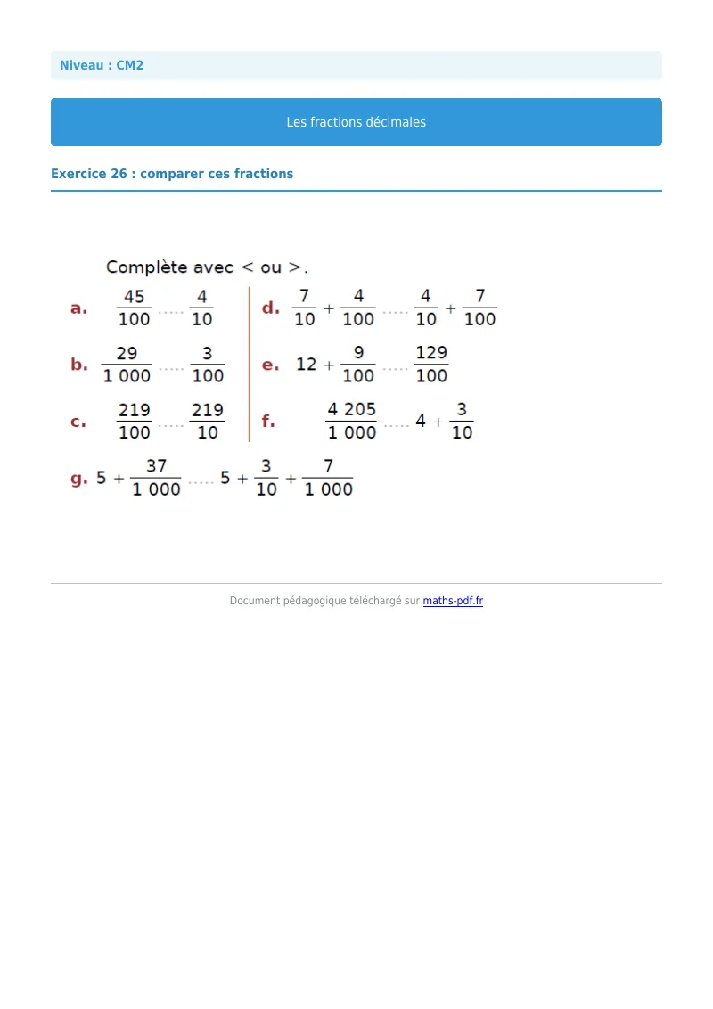 Fractions décimales : exercice n°26 de maths en CM2 corrigé en PDF
