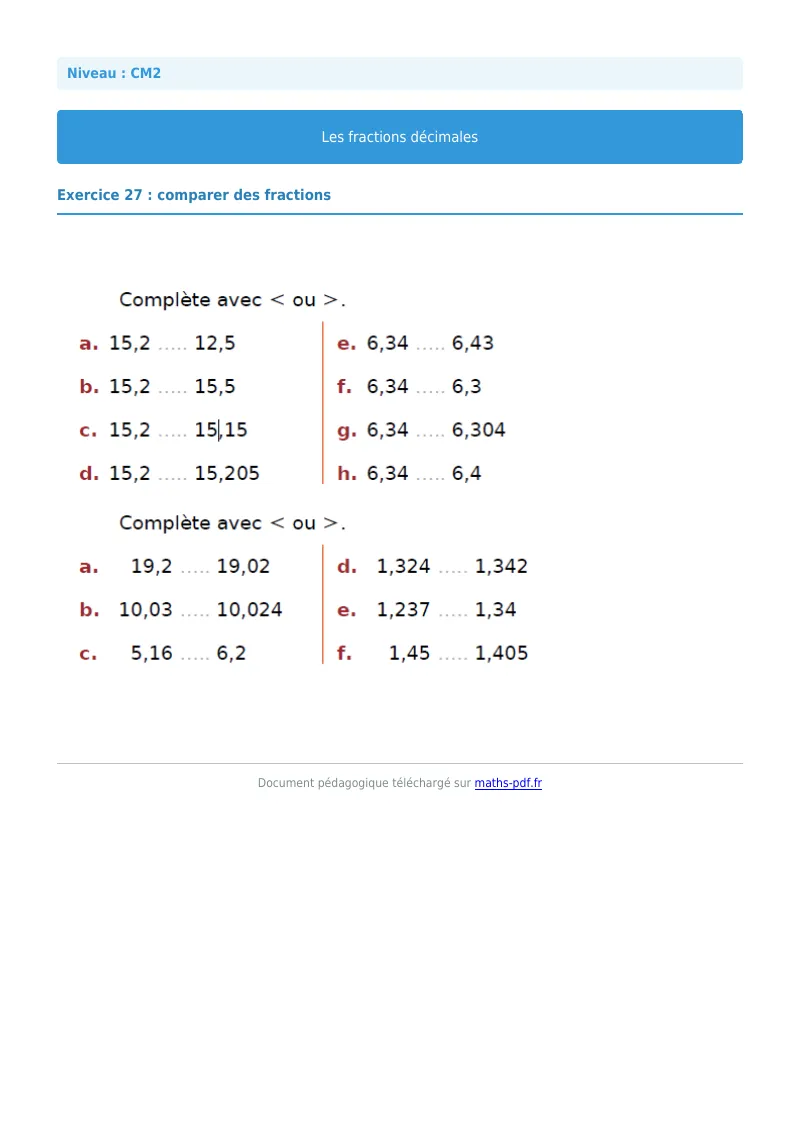 Fractions décimales : exercice n°27 de maths en CM2 corrigé en PDF