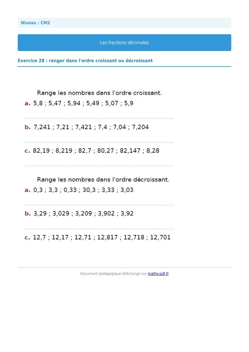 Fractions décimales : exercice n°28 de maths en CM2 corrigé en PDF