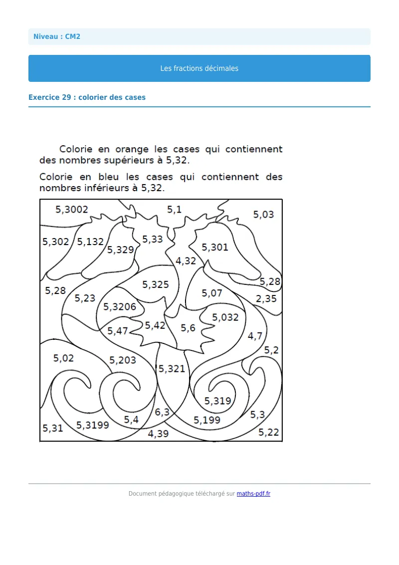 Fractions décimales : exercice n°29 de maths en CM2 corrigé en PDF