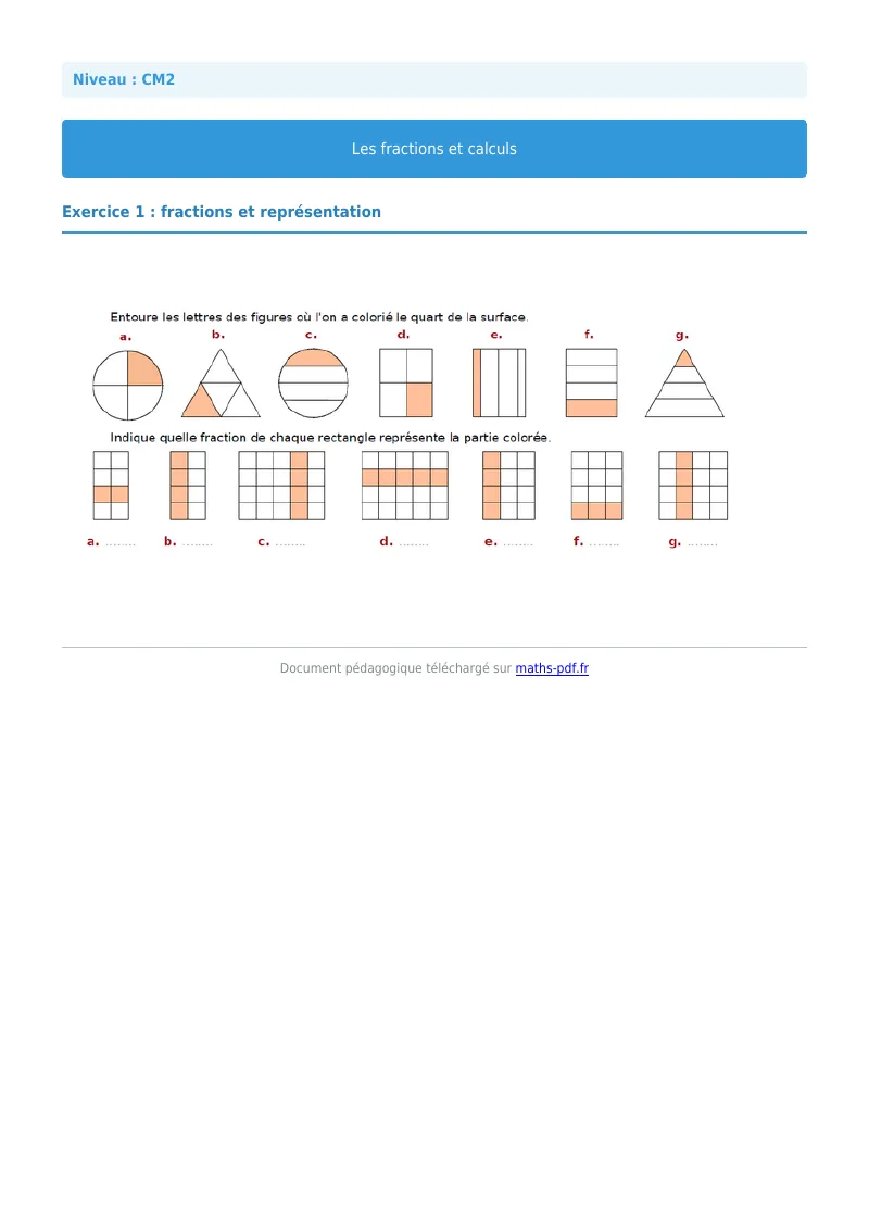 Fractions et calculs : exercice n°1 de maths en CM2 corrigé en PDF