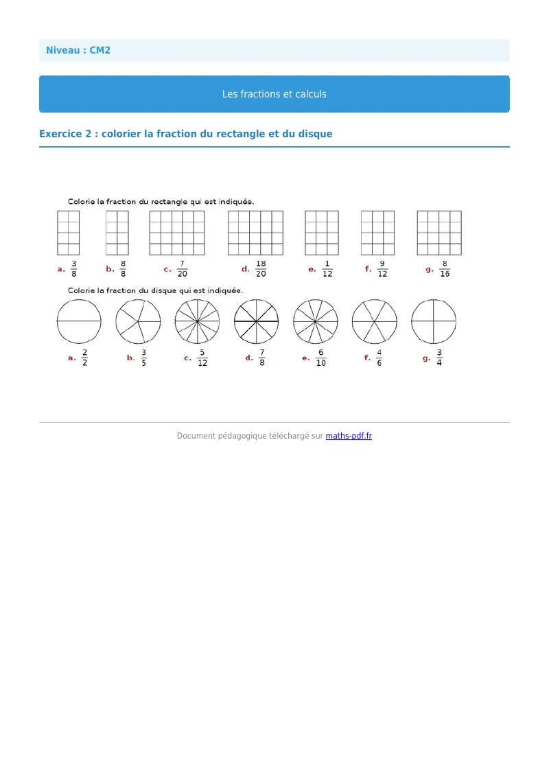 Fractions et calculs : exercice n°2 de maths en CM2 corrigé en PDF