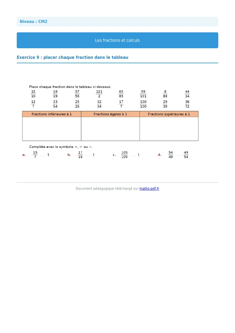 Fractions et calculs : exercice n°9 de maths en CM2 corrigé en PDF