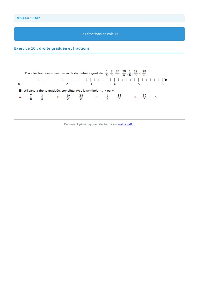 Fractions et calculs : exercice n°10 de maths en CM2 corrigé en PDF