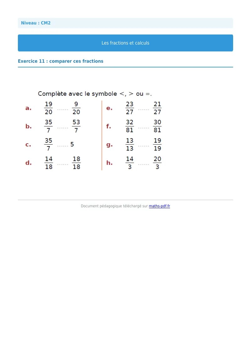 Fractions et calculs : exercice n°11 de maths en CM2 corrigé en PDF