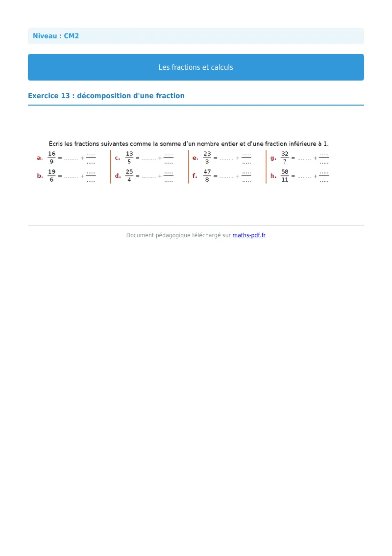 Fractions et calculs : exercice n°13 de maths en CM2 corrigé en PDF