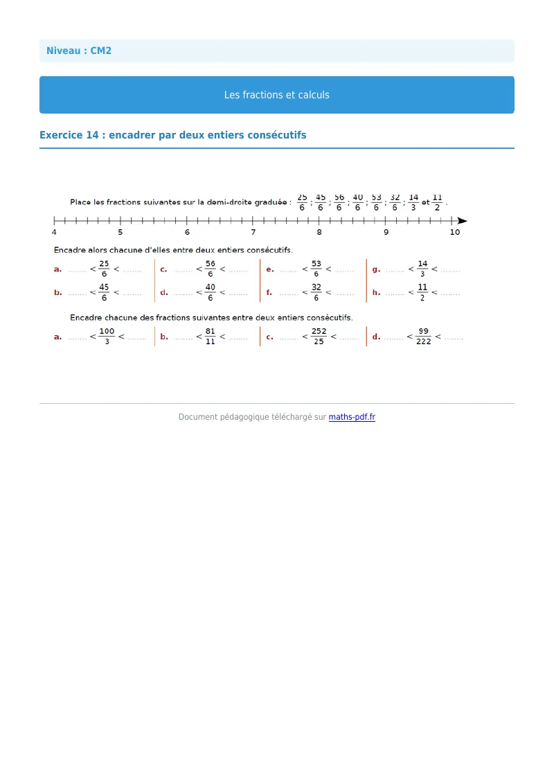 Fractions et calculs : exercice n°14 de maths en CM2 corrigé en PDF