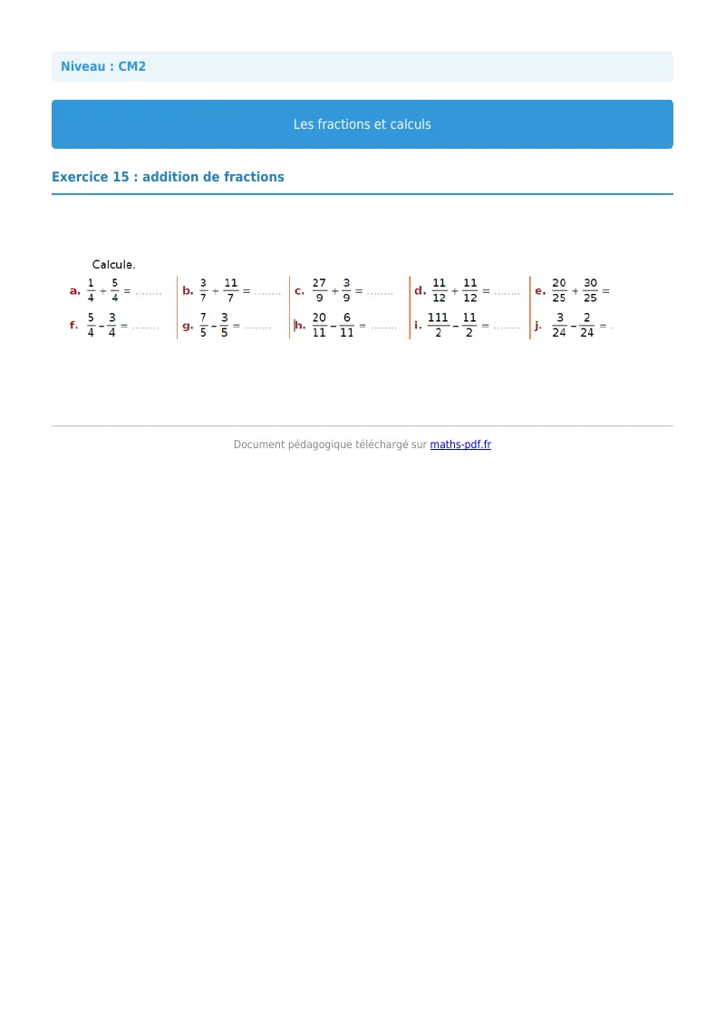 Fractions et calculs : exercice n°15 de maths en CM2 corrigé en PDF