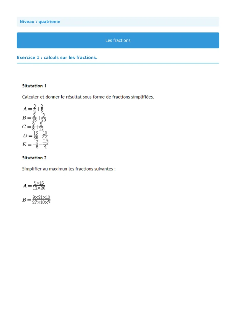 Fractions : exercice n°1 de maths en 4ème corrigé en PDF