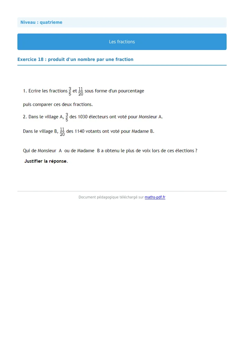 Fractions : exercice n°18 de maths en 4ème corrigé en PDF